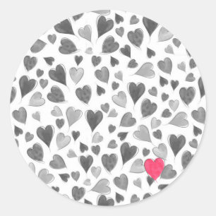Cute romantic grey pink hand drawn hearts classic round sticker