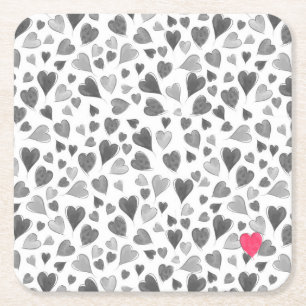 Cute romantic grey pink hand drawn hearts square paper coaster