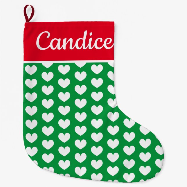Cute romantic heart pattern custom name large christmas stocking (Front)