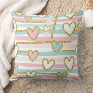 Cute Romantic Hearts and Pastel Stripes Gold Cushion
