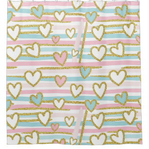 Cute Romantic Hearts and Pastel Stripes Gold Shower Curtain