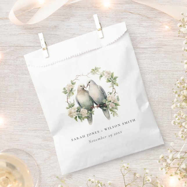 Cute Romantic Love Birds Botanical Wreath Wedding Favour Bags (Clipped)