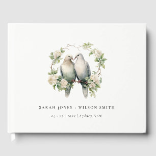 Cute Romantic Love Birds Botanical Wreath Wedding Guest Book