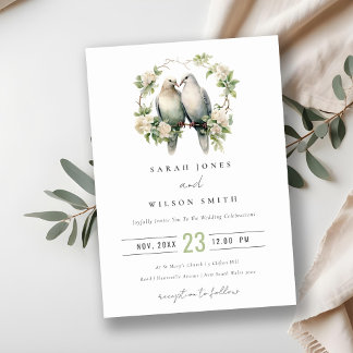 Cute Romantic Love Birds Botanical Wreath Wedding Invitation