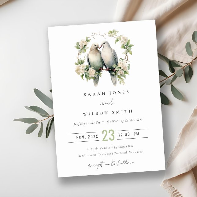 Cute Romantic Love Birds Botanical Wreath Wedding Invitation (Creator Uploaded)