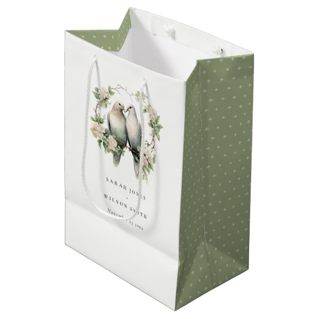 Cute Romantic Love Birds Botanical Wreath Wedding Medium Gift Bag (Front Angled)