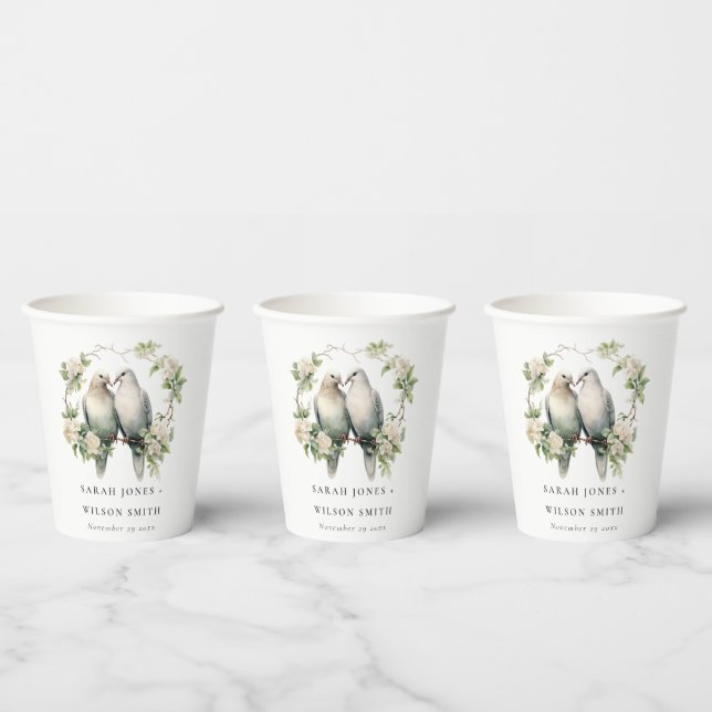 Cute Romantic Love Birds Botanical Wreath Wedding Paper Cups (Multi)