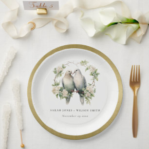 Cute Romantic Love Birds Botanical Wreath Wedding Paper Plate