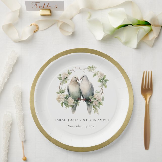 Cute Romantic Love Birds Botanical Wreath Wedding Paper Plate (Wedding)