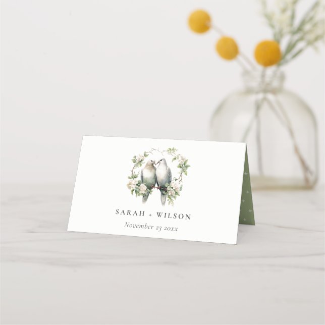 Cute Romantic Love Birds Botanical Wreath Wedding Place Card (Front)