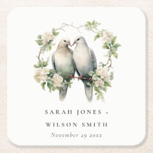Cute Romantic Love Birds Botanical Wreath Wedding Square Paper Coaster