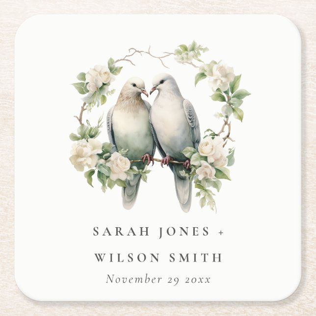 Cute Romantic Love Birds Botanical Wreath Wedding Square Paper Coaster (Front)