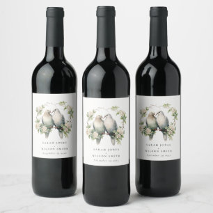 Cute Romantic Love Birds Botanical Wreath Wedding Wine Label