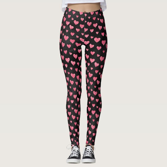 Cute Romantic Pink Glitter Hearts on Black Yoga Leggings (Front)