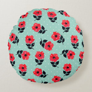 Cute Romantic Red Flowers Floral Design Round Cushion