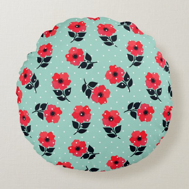 Cute Romantic  Red Flowers Floral Design Round Cushion (Front)