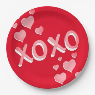 Cute Romantic Red Pink Hearts XOXO Paper Plate