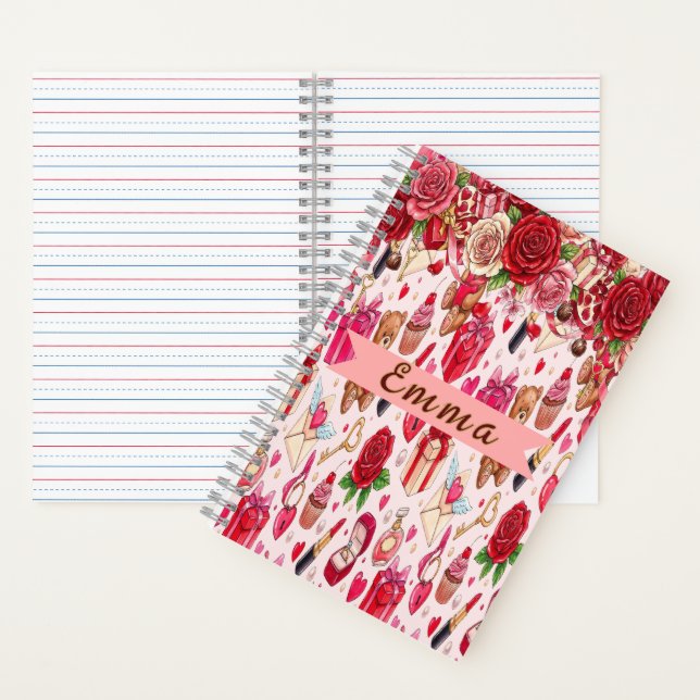 Cute Romantic Red & Pink Watercolor Love Pattern Notebook (Inside)