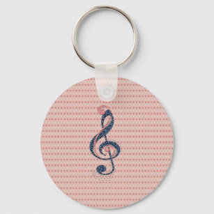 Cute romantic red white hearts blue music note key ring