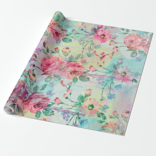 Cute romantic roses floral paint watercolors wrapping paper (Unrolled)