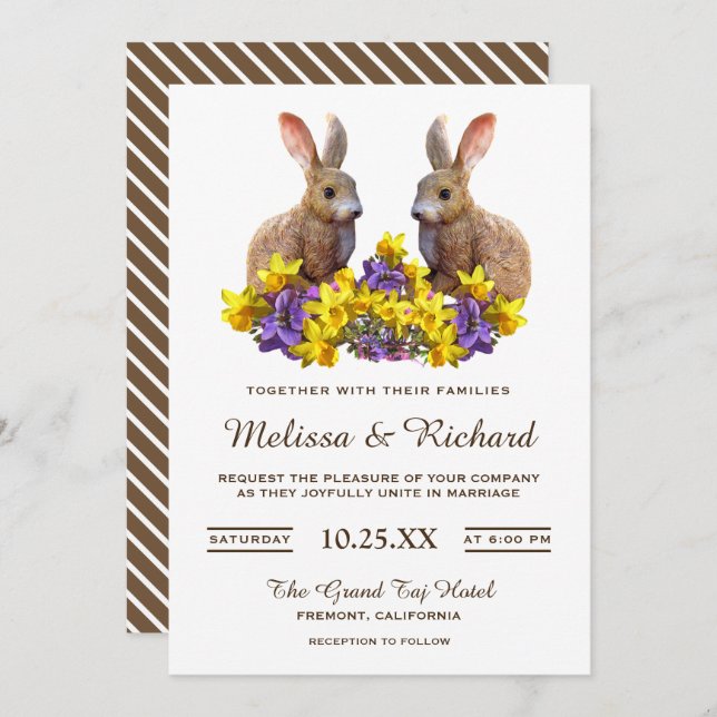 Cute Romantic Spring Floral Rabbits Wedding Invite (Front/Back)