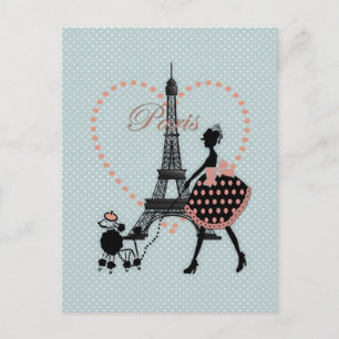 Cute romantic vintage girl silhouette walking postcard