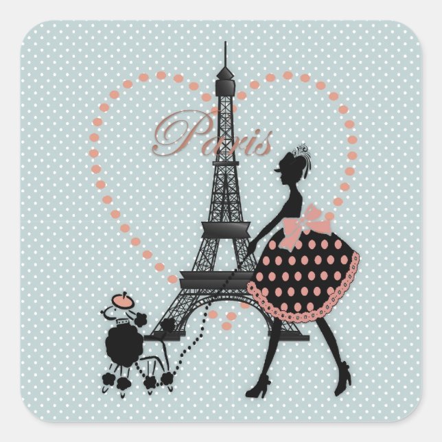Cute romantic vintage girl silhouette walking square sticker (Front)