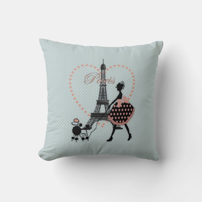 Cute romantic vintage girl  walking French poodle Cushion (Front)