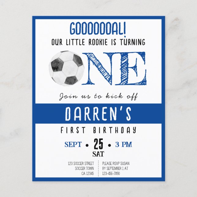 Cute Rookie Soccer Budget 1st Birthday Invitation (Front)