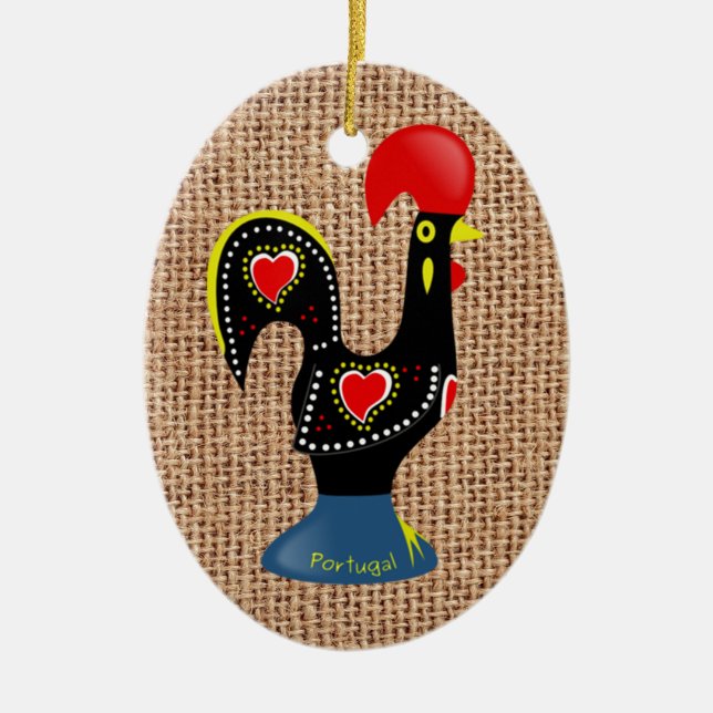 Cute Rooster Barcelos Portugal Burlap background Ceramic Tree Decoration (Front)
