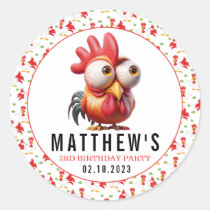 Cute Rooster Caricatures 3rd Birthday Party Classic Round Sticker