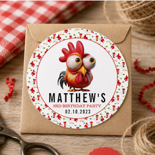 Cute Rooster Caricatures 3rd Birthday Party Classic Round Sticker
