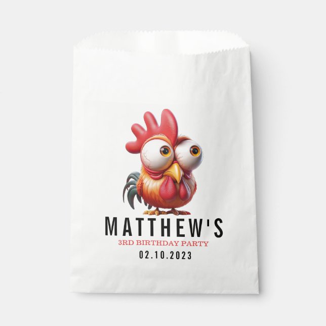 Cute Rooster Caricatures 3rd Birthday Party Favour Bags (Front)