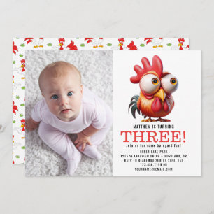 Cute Rooster Caricatures 3rd Birthday Party Invitation