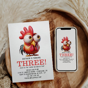 Cute Rooster Caricatures 3rd Birthday Party Invitation