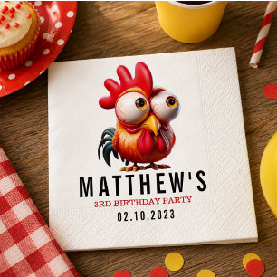 Cute Rooster Caricatures 3rd Birthday Party Napkin