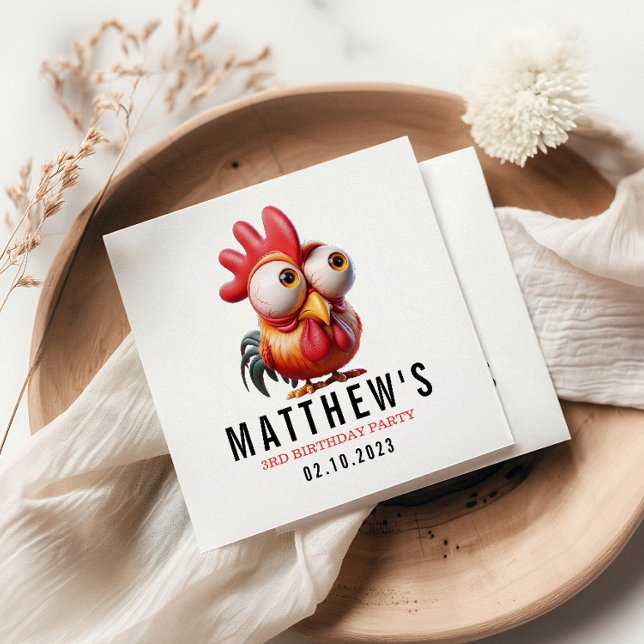 Cute Rooster Caricatures 3rd Birthday Party Napkin (Creator Uploaded)