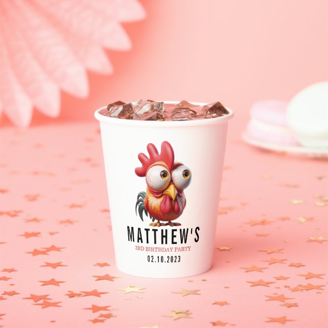 Cute Rooster Caricatures 3rd Birthday Party Paper Cups (Insitu)
