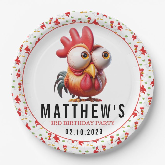 Cute Rooster Caricatures 3rd Birthday Party Paper Plate (Front)