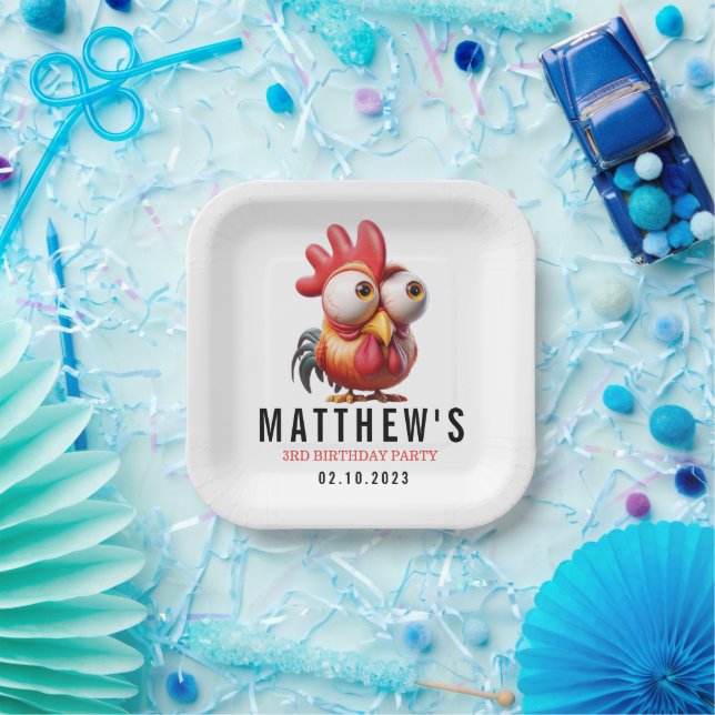 Cute Rooster Caricatures 3rd Birthday Party Paper Plate (Party)