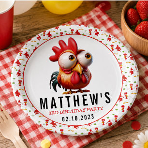 Cute Rooster Caricatures 3rd Birthday Party Paper Plate