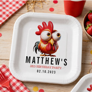 Cute Rooster Caricatures 3rd Birthday Party Paper Plate