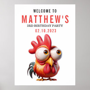 Cute Rooster Caricatures 3rd Birthday Party Poster