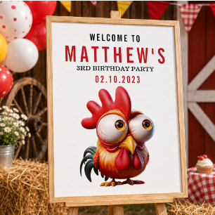 Cute Rooster Caricatures 3rd Birthday Party Poster