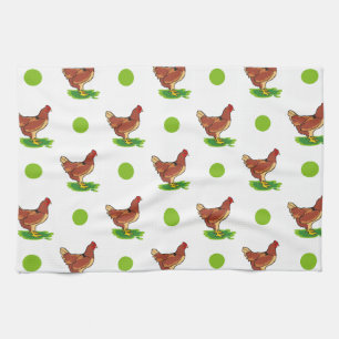 Cute Rooster, Chicken, Green Polka Dots Tea Towel