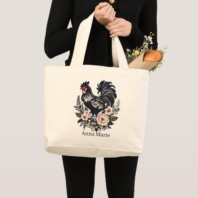 Cute rooster lovers add name  large tote bag (Front (Product))