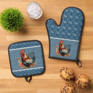 Cute rooster lovers Country kitchen Oven Mitt & Pot Holder Set