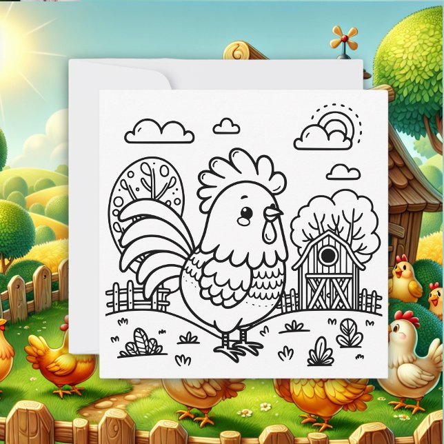 Cute Rooster on a Farm | Colour Me Notecard (Creator Uploaded)