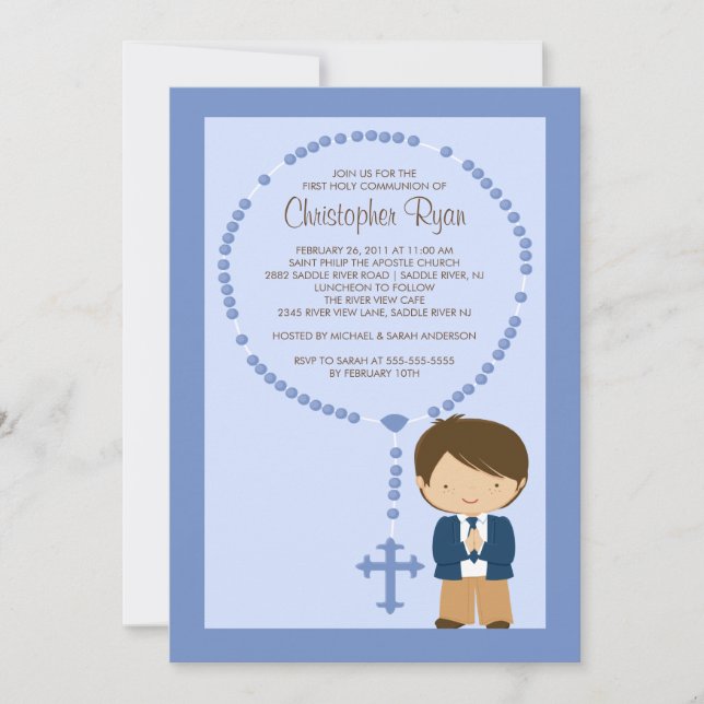 Cute Rosary First Communion Invitation Boy Blue (Front)