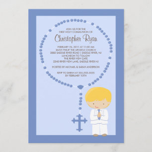 Cute Rosary First Communion Invitation Boy Blue